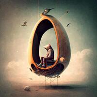 man sitting in an egg shaped chair. . photo