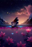 piano sitting in the middle of a field of flowers. . photo