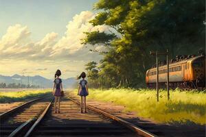 couple of women walking down a train track. . photo