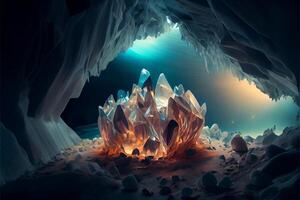 cueva lleno con un montón de hielo cristales generativo ai. foto