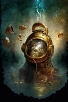 digital painting of a gold diving helmet. . photo