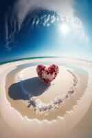 heart shaped cake sitting on top of a sandy beach. . photo