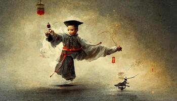 painting of a man flying through the air with a kite. . photo