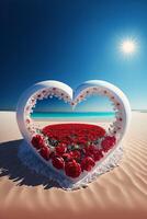 corazón conformado arreglo de rojo rosas en un arenoso playa. generativo ai. foto