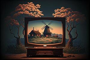 tv sitting on top of a wooden stand. . photo