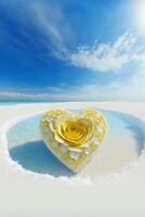 heart shaped flower sitting on top of a sandy beach. . photo