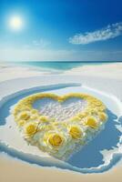heart made out of yellow roses on a beach. . photo