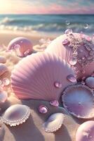 pink shell sitting on top of a sandy beach. . photo