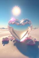 crystal heart sitting on top of a snow covered ground. . photo