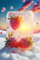 three strawberries are frozen in an ice block. . photo