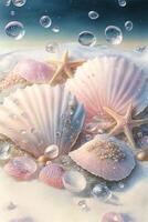 painting of shells and starfishs on a beach. . photo