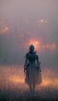 person standing in a field on a foggy day. . photo