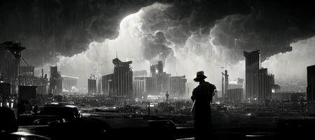 black and white photo of a man standing in front of a city. .