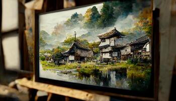 painting of a village by a body of water. . photo