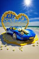 blue sports car sitting on top of a sandy beach. . photo