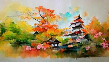 watercolor painting of a pagoda surrounded by trees. . photo