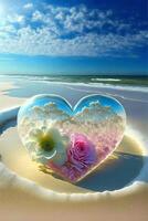 heart shaped object sitting on top of a sandy beach. . photo