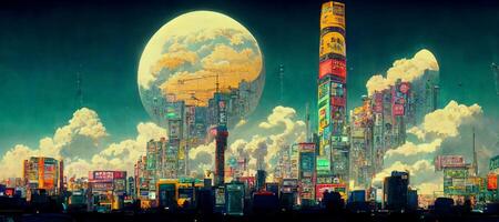 painting of a city at night with a full moon in the sky. . photo