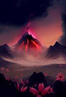 painting of a volcano with pink flowers in the foreground. . photo