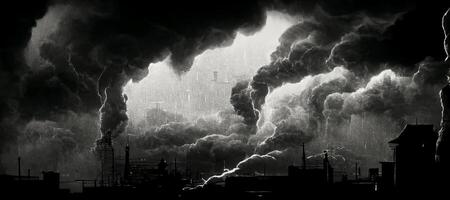 black and white photo of smoke billowing from a factory. .