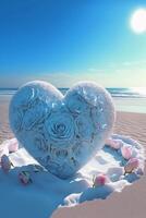 heart made out of paper flowers on a beach. . photo