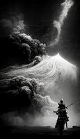 black and white photo of a samurai with a sword. .