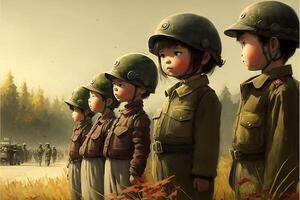 group of children in uniforms standing next to each other. . photo