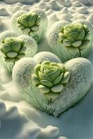 heart shaped arrangement of succulents in the snow. . photo