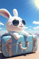 white rabbit sitting on top of a blue suitcase. . photo