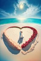 bride and groom standing in the shape of a heart on the beach. . photo