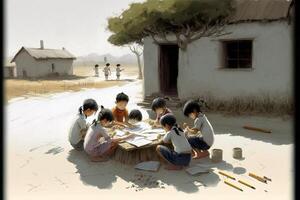 group of children sitting around a wooden table. . photo