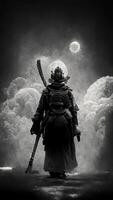 black and white photo of a samurai with a sword. .