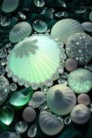 bunch of sea shells sitting on top of a green surface. . photo