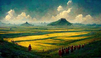 painting of a group of people walking through a field. . photo