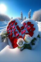 rojo y blanco corazón con rosas en el nieve. generativo ai. foto