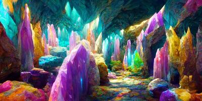 painting of a cave filled with colorful rocks. . photo