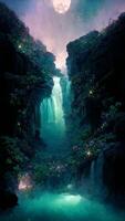 waterfall in the middle of a lush green forest. . photo