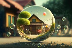 bubble filled with bubbles in front of a house. . photo