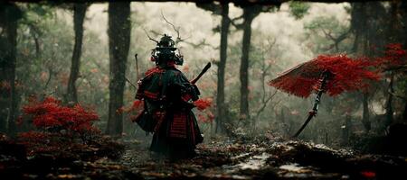 samurai en pie en un bosque con un rojo sombrilla. generativo ai. foto