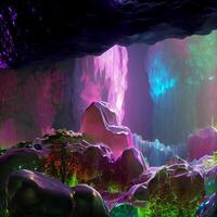 cave filled with lots of green and purple rocks. . photo