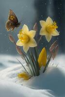 two yellow daffodils and a butterfly in the snow. . photo
