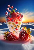 couple of strawberries sitting on top of a snow covered ground. . photo