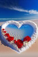 corazón conformado arreglo de rojo rosas en un arenoso playa. generativo ai. foto