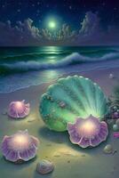 painting of seashells on a beach at night. . photo