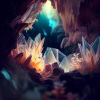 cueva lleno con un montón de cristales y rocas generativo ai. foto