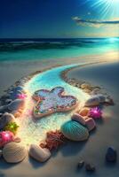 heart made out of seashells on a beach. . photo