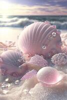 pink shell sitting on top of a sandy beach. . photo