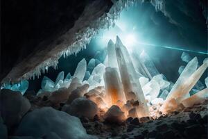 cueva lleno con un montón de hielo cristales generativo ai. foto