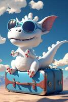 cartoon dragon sitting on top of a suitcase. . photo