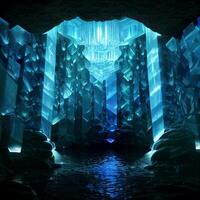 an ice cave is lit up with blue lights. . photo